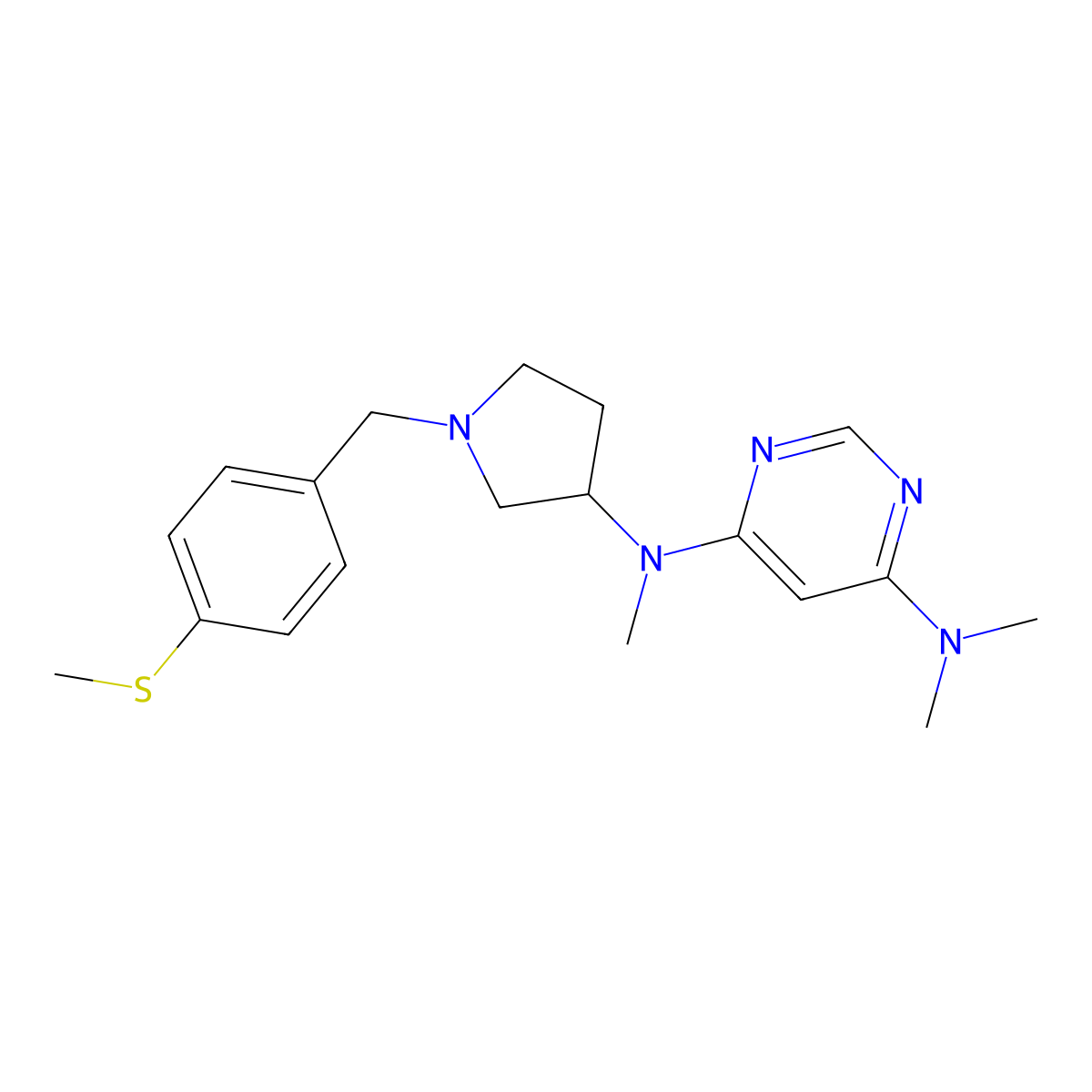 4-N,6-N,6-N-trimethyl-4-N-[1-[(4-methylsulfanylphenyl)methyl]pyrrolidin-3-yl]pyrimidine-4,6-diamine molecular structure, CAS 3054580-34-3