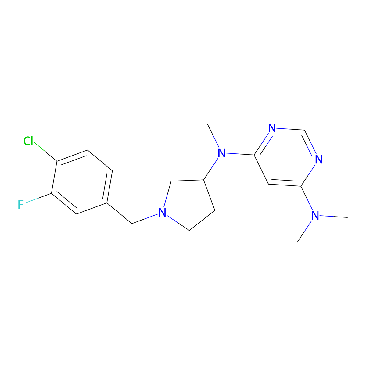 4-N-[1-[(4-chloro-3-fluorophenyl)methyl]pyrrolidin-3-yl]-4-N,6-N,6-N-trimethylpyrimidine-4,6-diamine molecular structure, CAS 3054580-40-1