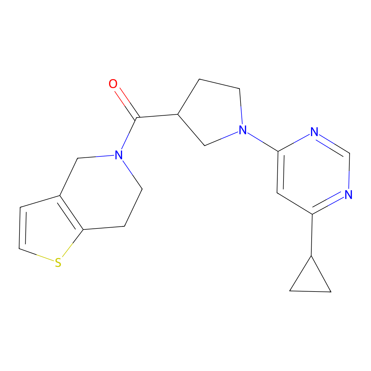 4-cyclopropyl-6-(3-{4H,5H,6H,7H-thieno[3,2-c]pyridine-5-carbonyl}pyrrolidin-1-yl)pyrimidine molecular structure, CAS 3054580-46-7