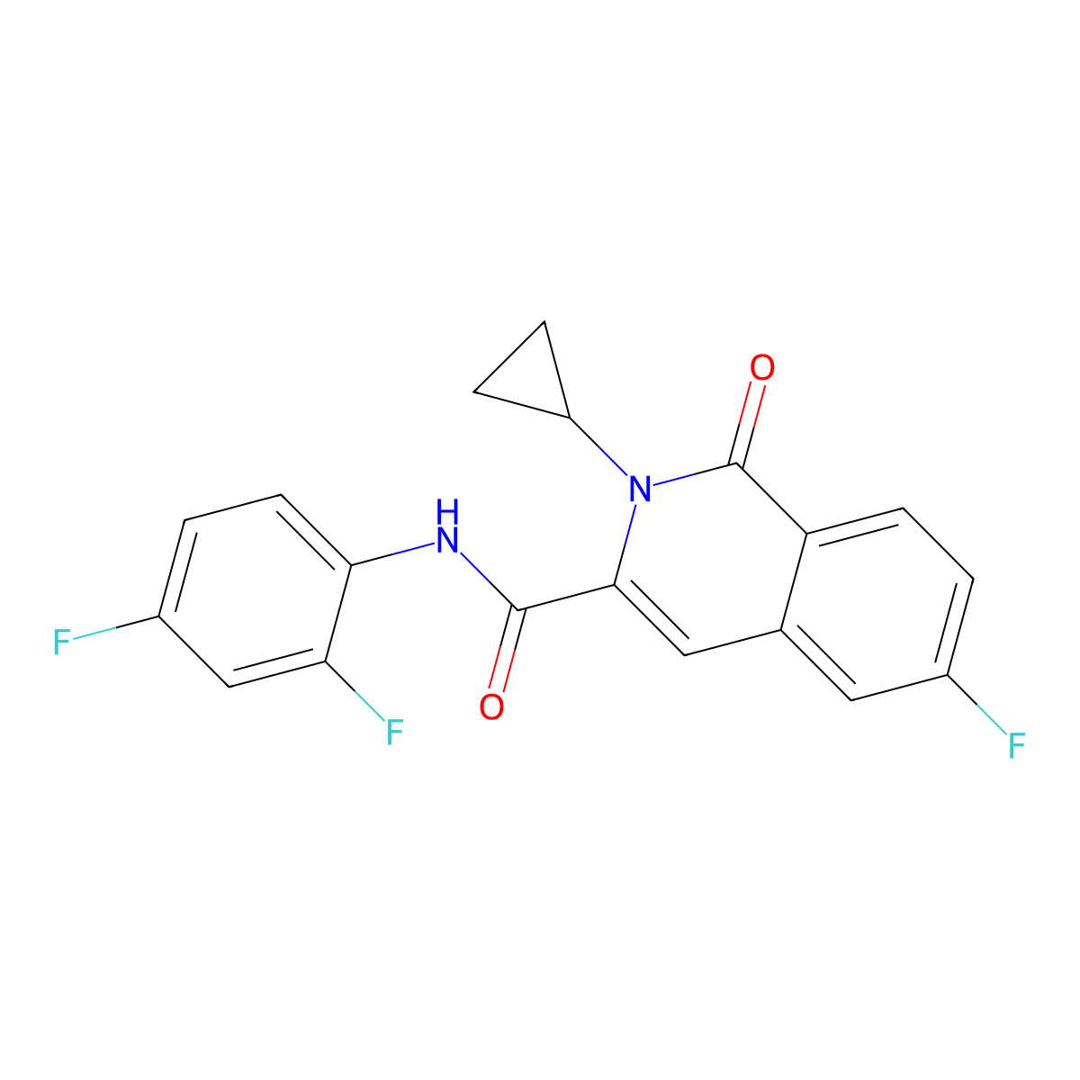 2-cyclopropyl-N-(2,4-difluorophenyl)-6-fluoro-1-oxo-1,2-dihydroisoquinoline-3-carboxamide molecular structure, CAS 3054580-51-4