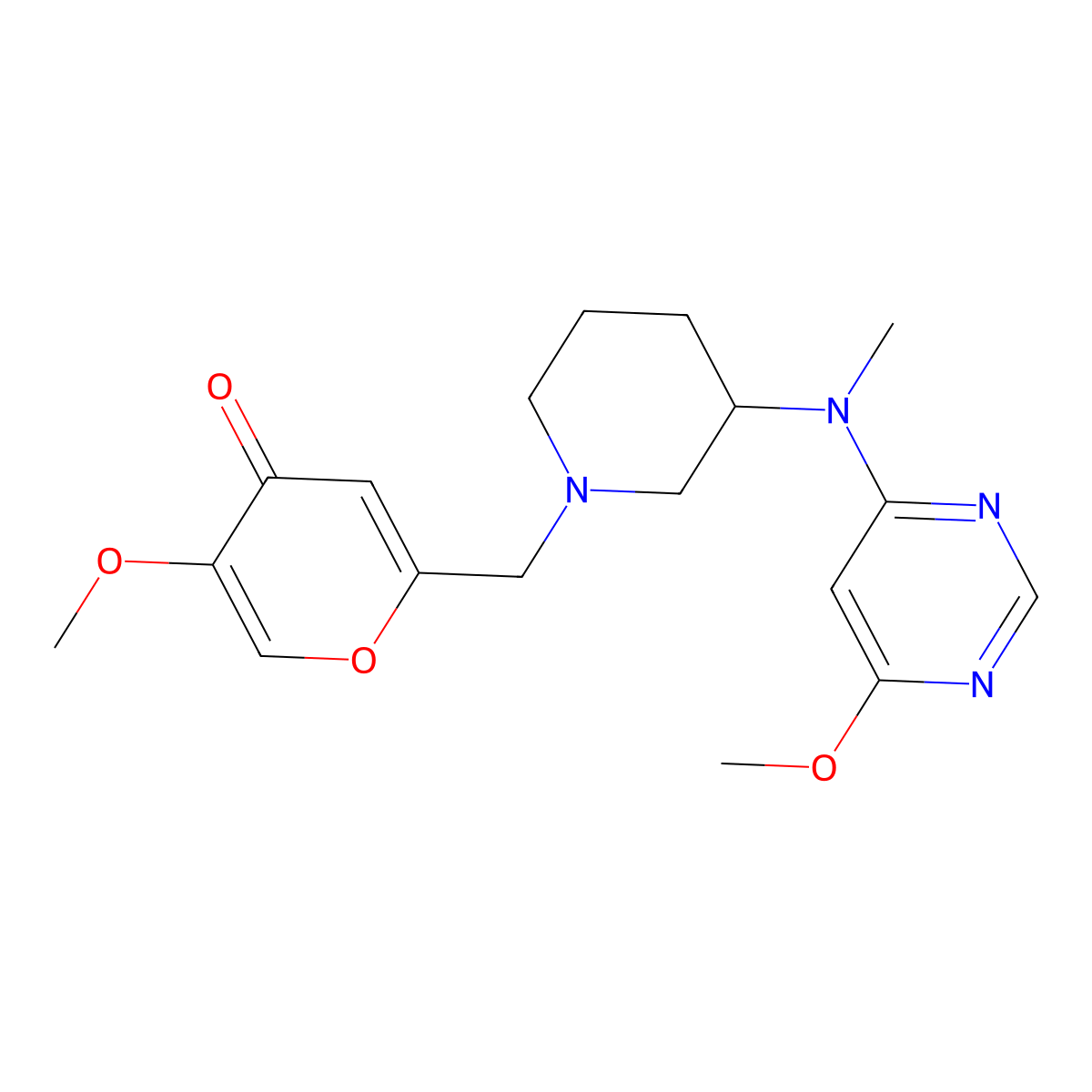 5-methoxy-2-({3-[(6-methoxypyrimidin-4-yl)(methyl)amino]piperidin-1-yl}methyl)-4H-pyran-4-one molecular structure, CAS 3054580-69-4