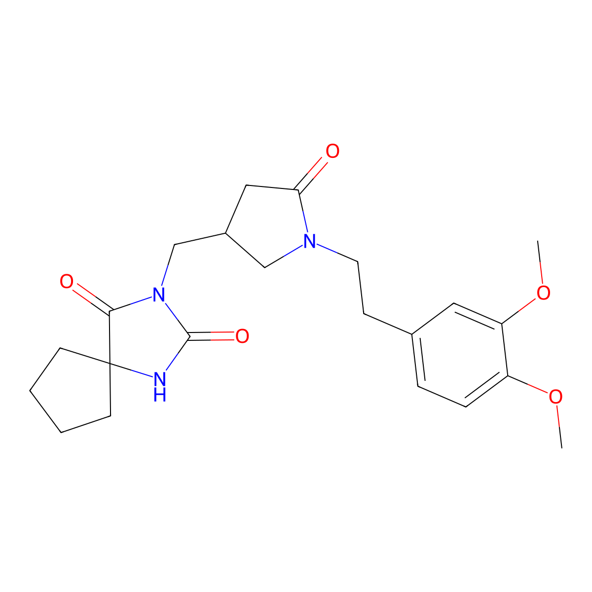 3-({1-[2-(3,4-Dimethoxyphenyl)ethyl]-5-oxopyrrolidin-3-yl}methyl)-1,3-diazaspiro[4.4]nonane-2,4-dione molecular structure, CAS 3054580-70-7