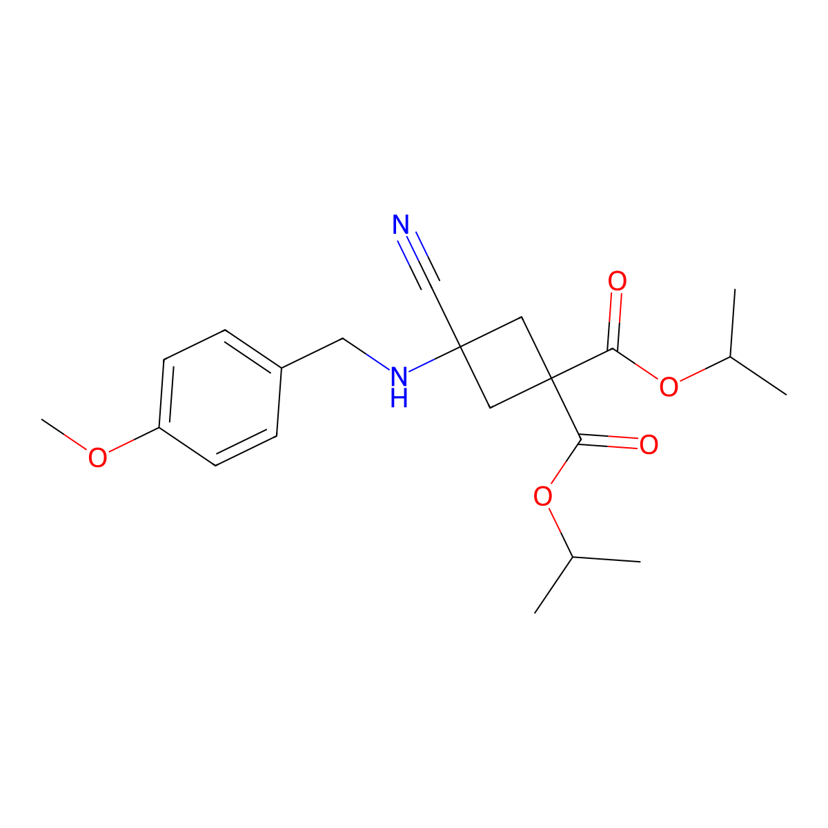 1,1-Bis(propan-2-yl) 3-cyano-3-{[(4-methoxyphenyl)methyl]amino}cyclobutane-1,1-dicarboxylate molecular structure, CAS 3054580-89-8