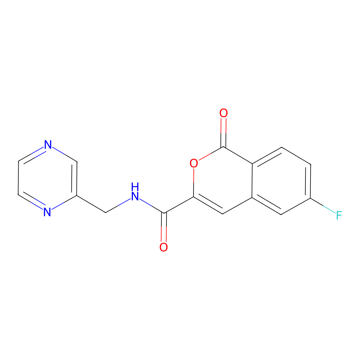 6-fluoro-1-oxo-N-[(pyrazin-2-yl)methyl]-1H-isochromene-3-carboxamide molecular structure, CAS 3054580-93-4