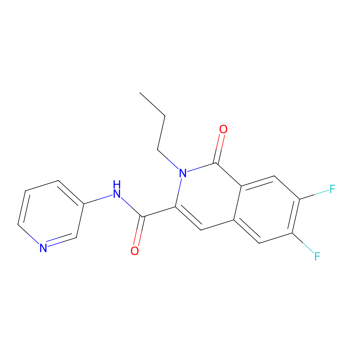 6,7-difluoro-1-oxo-2-propyl-N-(pyridin-3-yl)-1,2-dihydroisoquinoline-3-carboxamide molecular structure, CAS 3054580-96-7