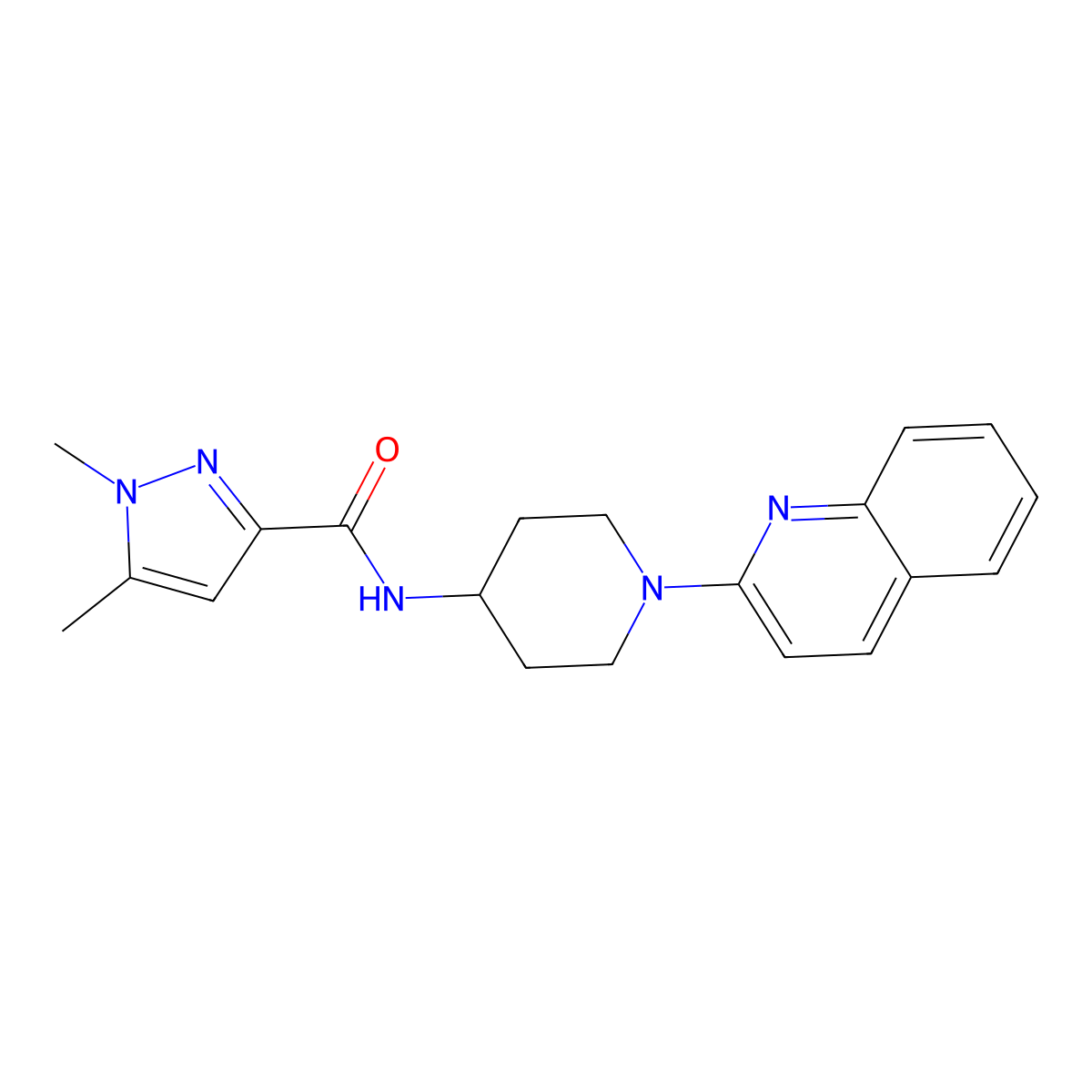 1,5-dimethyl-N-[1-(quinolin-2-yl)piperidin-4-yl]-1H-pyrazole-3-carboxamide molecular structure, CAS 3054581-02-8