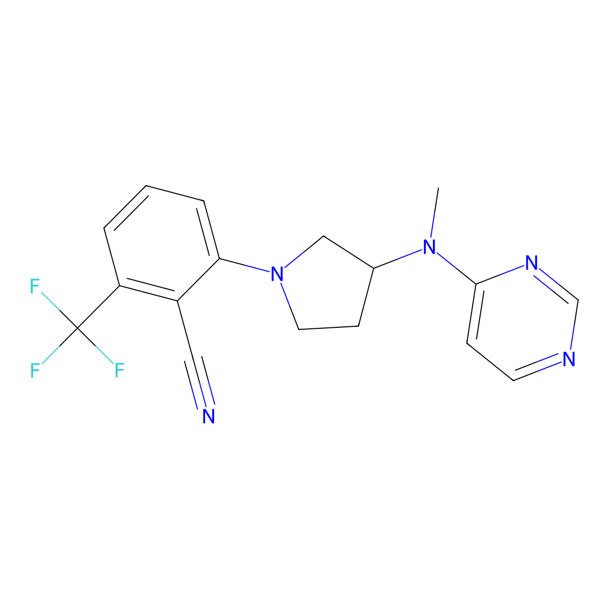 2-{3-[Methyl(pyrimidin-4-yl)amino]pyrrolidin-1-yl}-6-(trifluoromethyl)benzonitrile molecular structure, CAS 3054581-04-0