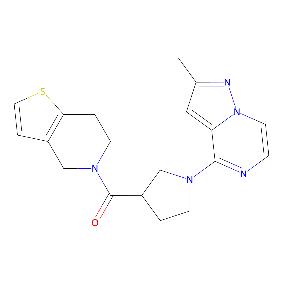 1-{2-methylpyrazolo[1,5-a]pyrazin-4-yl}-3-{4H,5H,6H,7H-thieno[3,2-c]pyridine-5-carbonyl}pyrrolidine molecular structure, CAS 3054581-09-5