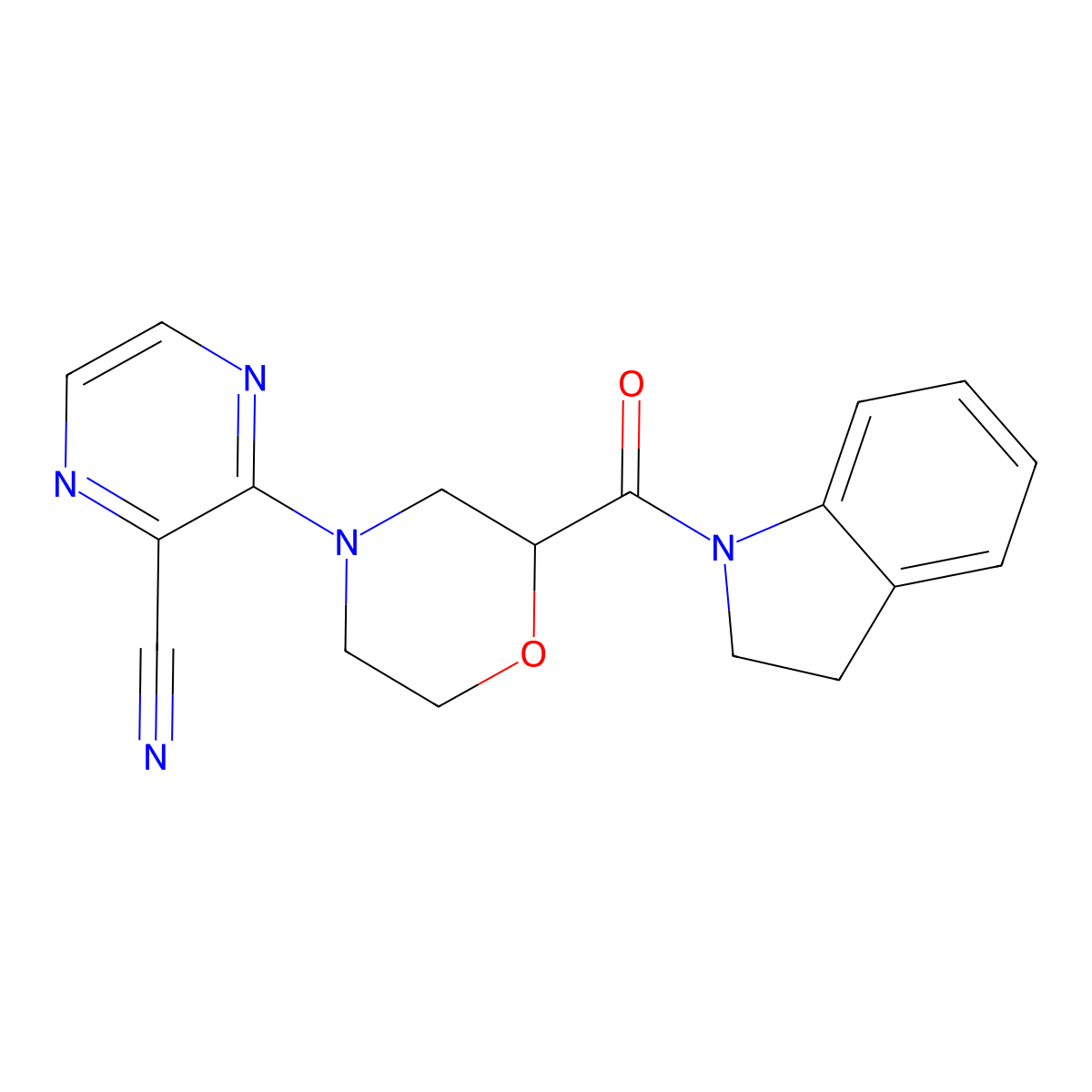 3-[2-(2,3-dihydro-1H-indole-1-carbonyl)morpholin-4-yl]pyrazine-2-carbonitrile molecular structure, CAS 3054581-11-9