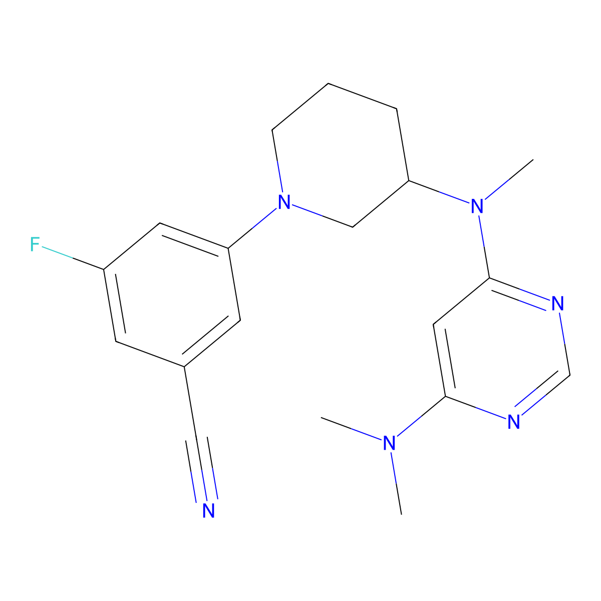 3-(3-{[6-(Dimethylamino)pyrimidin-4-yl](methyl)amino}piperidin-1-yl)-5-fluorobenzonitrile molecular structure, CAS 3054581-12-0