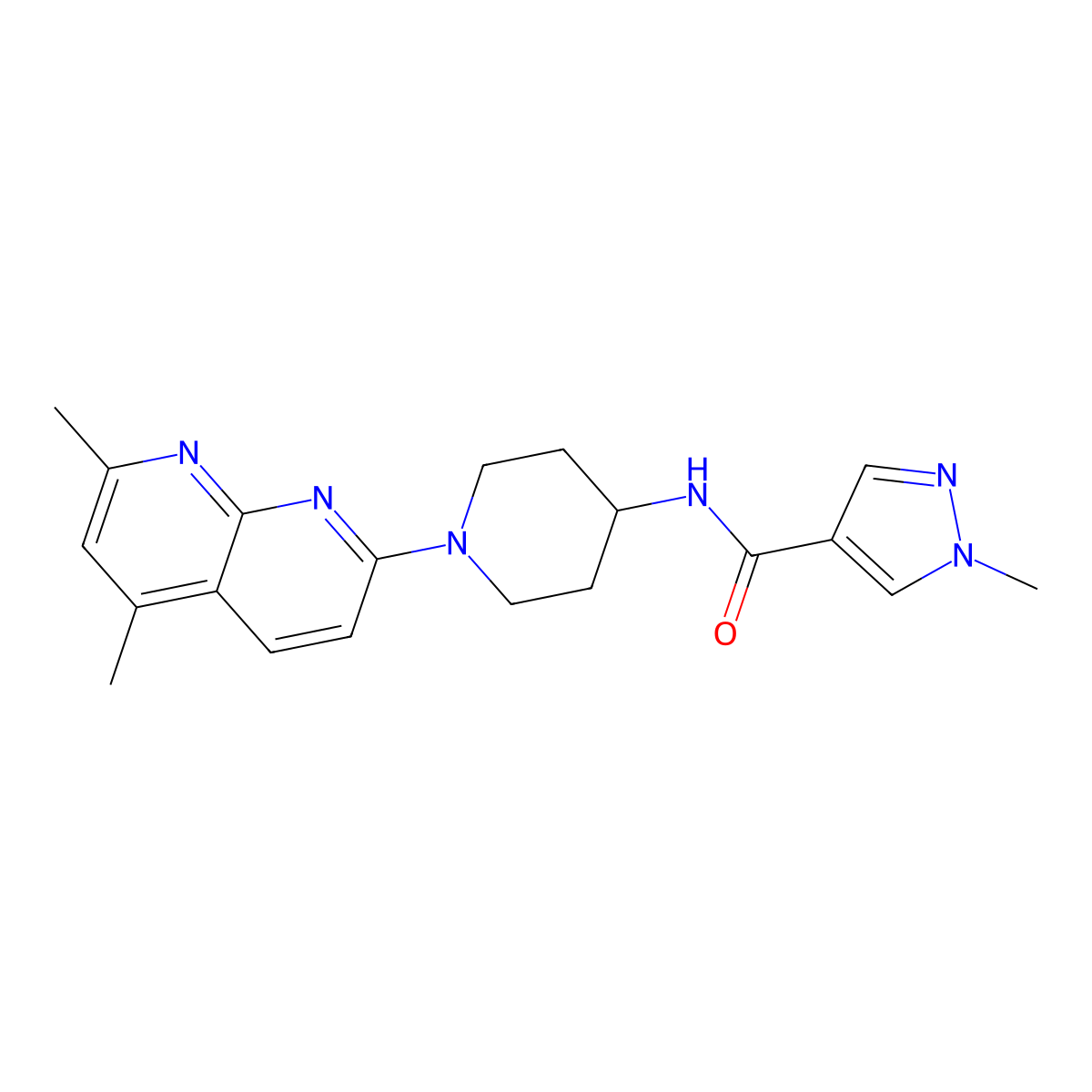 N-[1-(5,7-dimethyl-1,8-naphthyridin-2-yl)piperidin-4-yl]-1-methyl-1H-pyrazole-4-carboxamide molecular structure, CAS 3054581-13-1