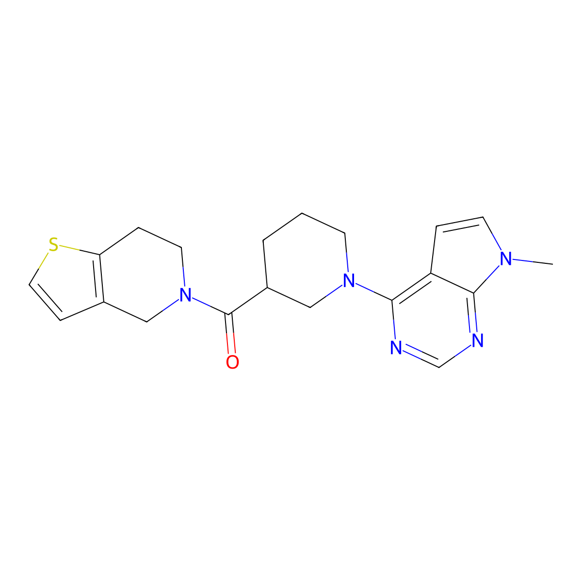 1-{7-methyl-7H-pyrrolo[2,3-d]pyrimidin-4-yl}-3-{4H,5H,6H,7H-thieno[3,2-c]pyridine-5-carbonyl}piperidine molecular structure, CAS 3054581-20-0