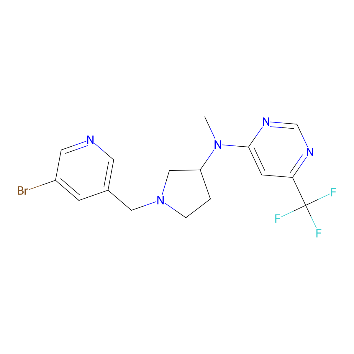 N-{1-[(5-bromopyridin-3-yl)methyl]pyrrolidin-3-yl}-N-methyl-6-(trifluoromethyl)pyrimidin-4-amine molecular structure, CAS 3054581-29-9