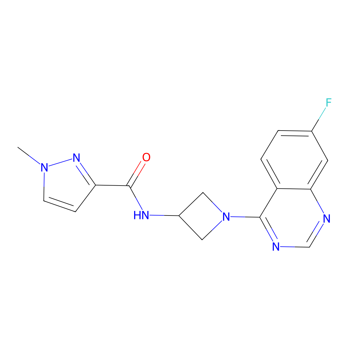 N-[1-(7-fluoroquinazolin-4-yl)azetidin-3-yl]-1-methyl-1H-pyrazole-3-carboxamide molecular structure, CAS 3054581-33-5