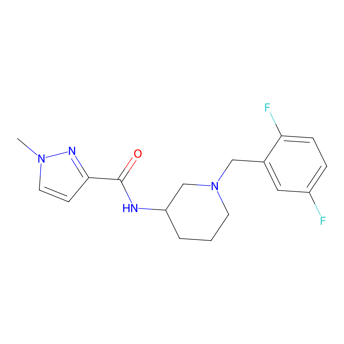 N-{1-[(2,5-difluorophenyl)methyl]piperidin-3-yl}-1-methyl-1H-pyrazole-3-carboxamide molecular structure, CAS 3054581-34-6