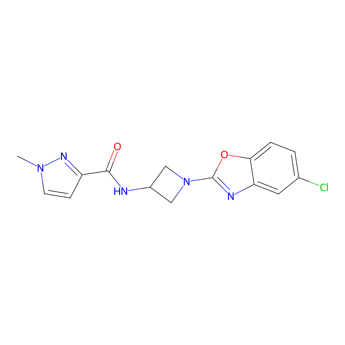 N-[1-(5-chloro-1,3-benzoxazol-2-yl)azetidin-3-yl]-1-methyl-1H-pyrazole-3-carboxamide molecular structure, CAS 3054581-37-9