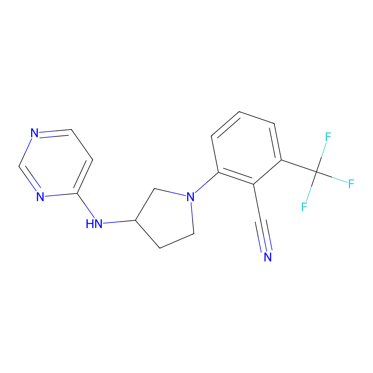2-{3-[(Pyrimidin-4-yl)amino]pyrrolidin-1-yl}-6-(trifluoromethyl)benzonitrile molecular structure, CAS 3054581-38-0