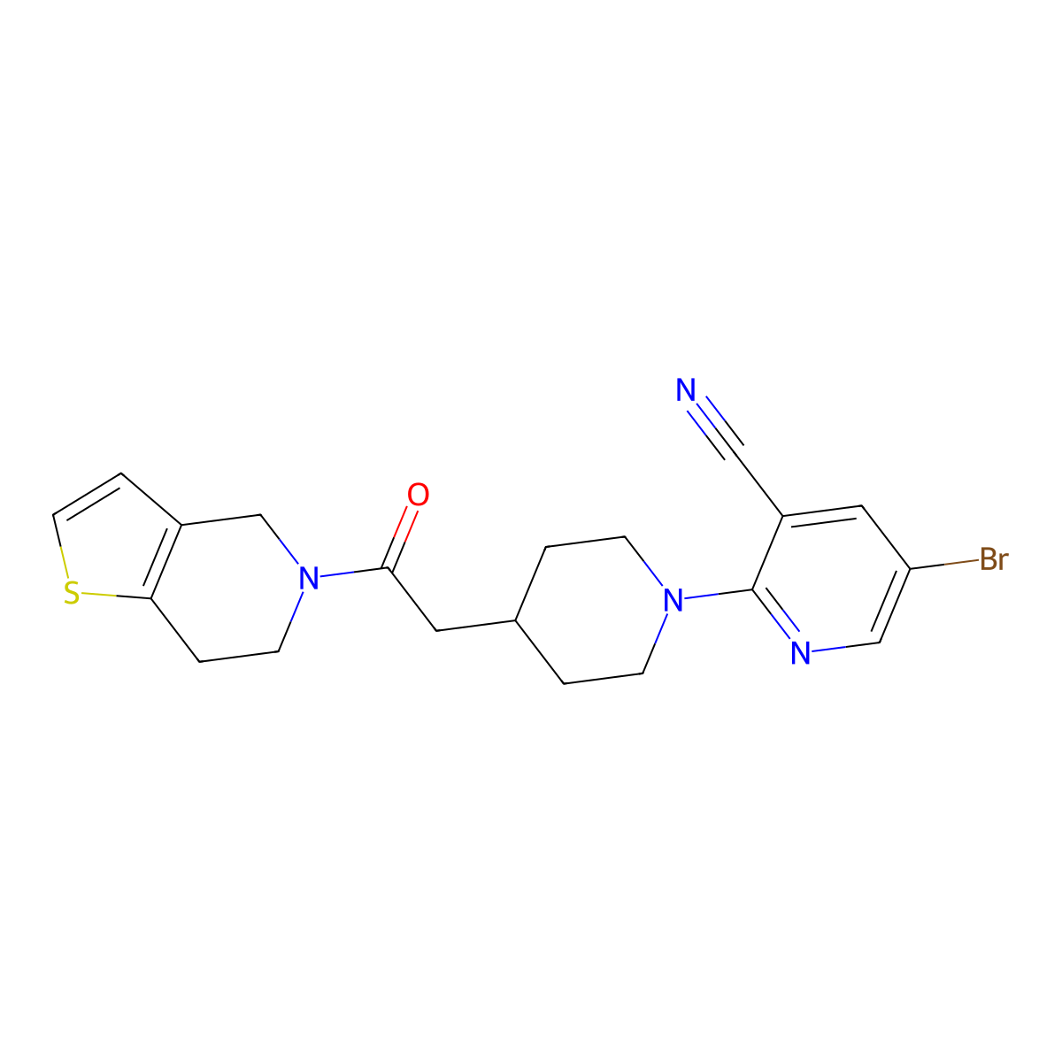 5-bromo-2-[4-(2-oxo-2-{4H,5H,6H,7H-thieno[3,2-c]pyridin-5-yl}ethyl)piperidin-1-yl]pyridine-3-carbonitrile molecular structure, CAS 3054581-43-7