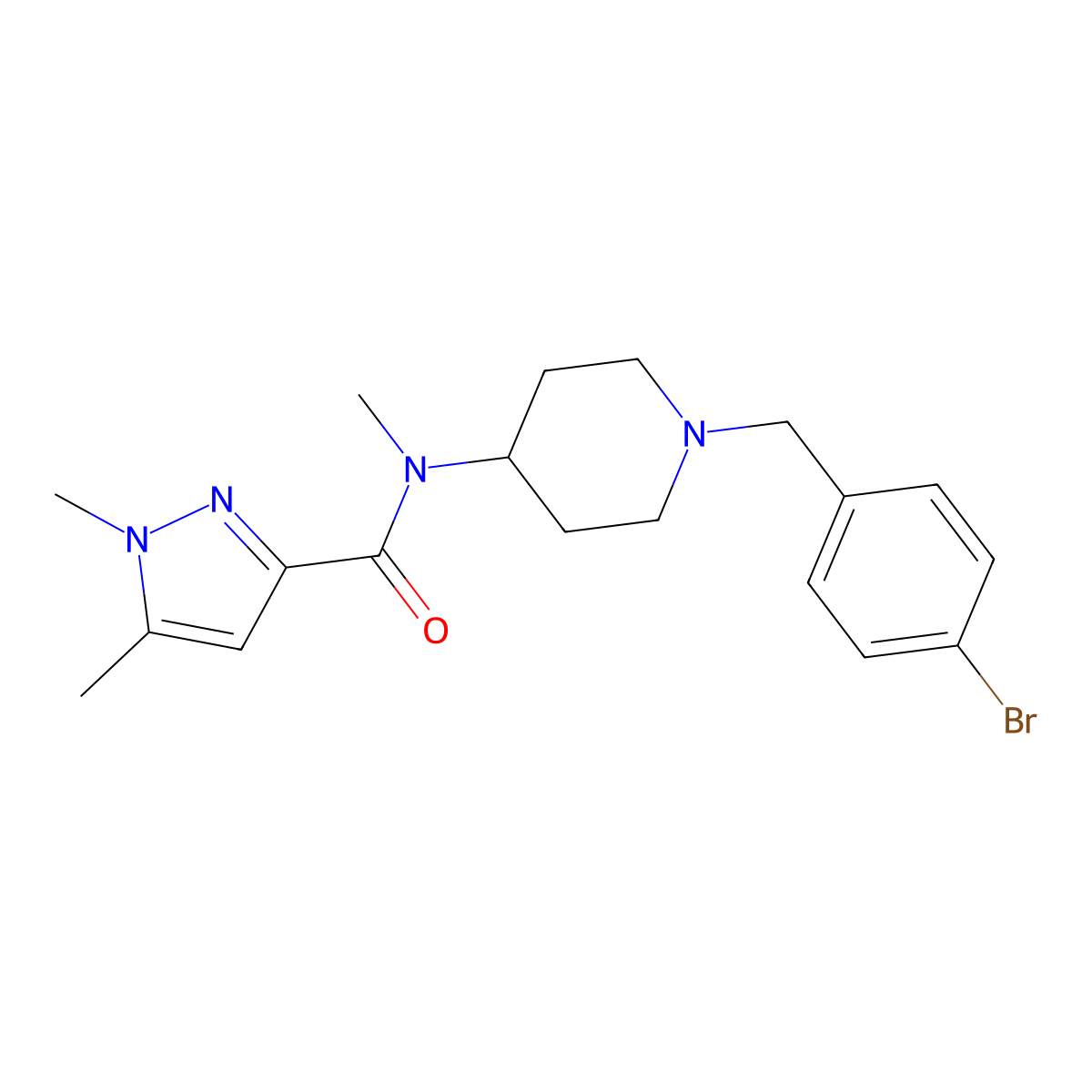 N-{1-[(4-bromophenyl)methyl]piperidin-4-yl}-N,1,5-trimethyl-1H-pyrazole-3-carboxamide molecular structure, CAS 3054581-44-8