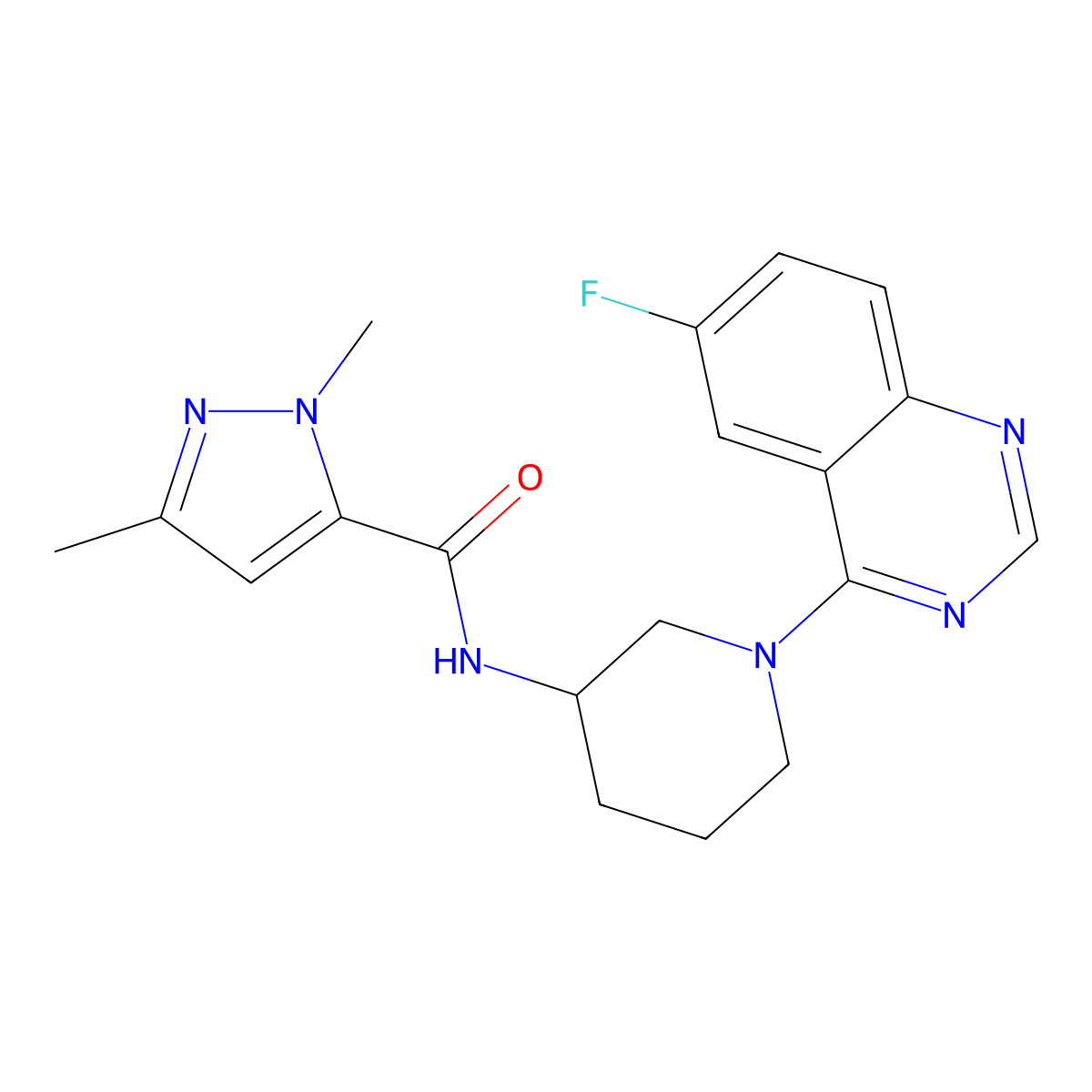 N-[1-(6-fluoroquinazolin-4-yl)piperidin-3-yl]-1,3-dimethyl-1H-pyrazole-5-carboxamide molecular structure, CAS 3054581-58-4