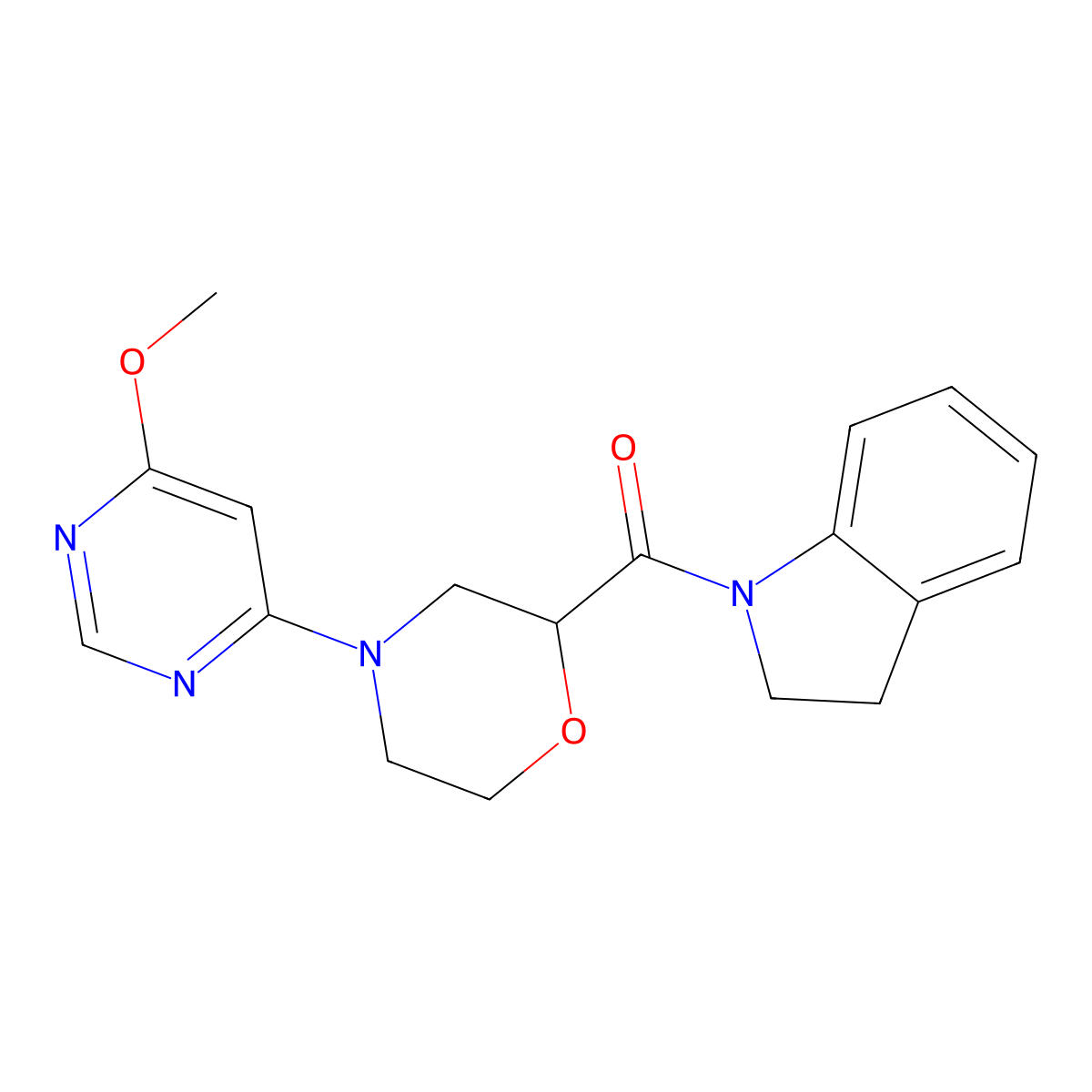 1-[4-(6-methoxypyrimidin-4-yl)morpholine-2-carbonyl]-2,3-dihydro-1H-indole molecular structure, CAS 3054581-59-5