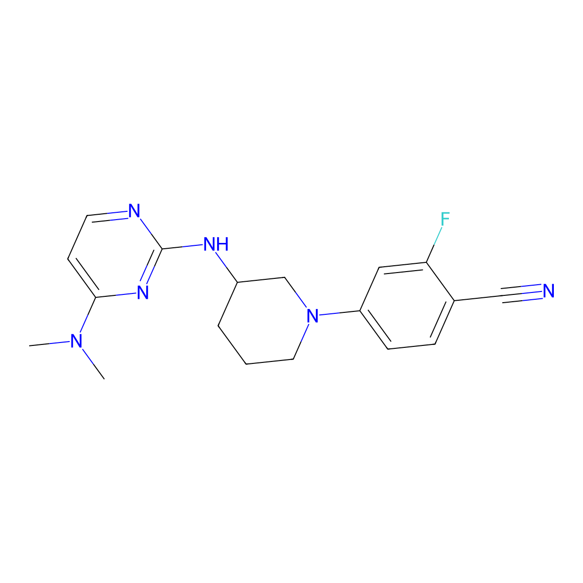4-(3-{[4-(Dimethylamino)pyrimidin-2-yl]amino}piperidin-1-yl)-2-fluorobenzonitrile molecular structure, CAS 3054581-65-3