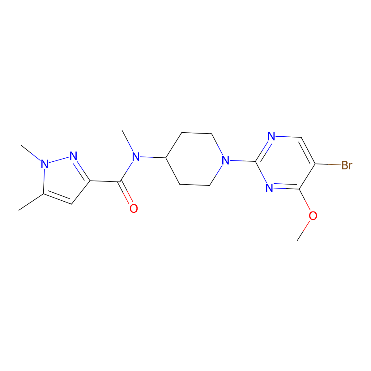 N-[1-(5-bromo-4-methoxypyrimidin-2-yl)piperidin-4-yl]-N,1,5-trimethyl-1H-pyrazole-3-carboxamide molecular structure, CAS 3054581-70-0