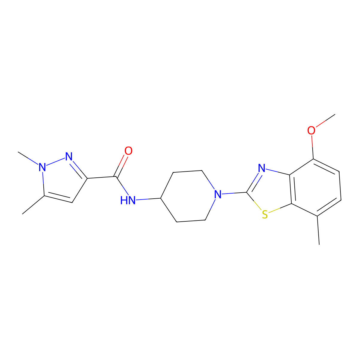N-[1-(4-methoxy-7-methyl-1,3-benzothiazol-2-yl)piperidin-4-yl]-1,5-dimethyl-1H-pyrazole-3-carboxamide molecular structure, CAS 3054581-77-7