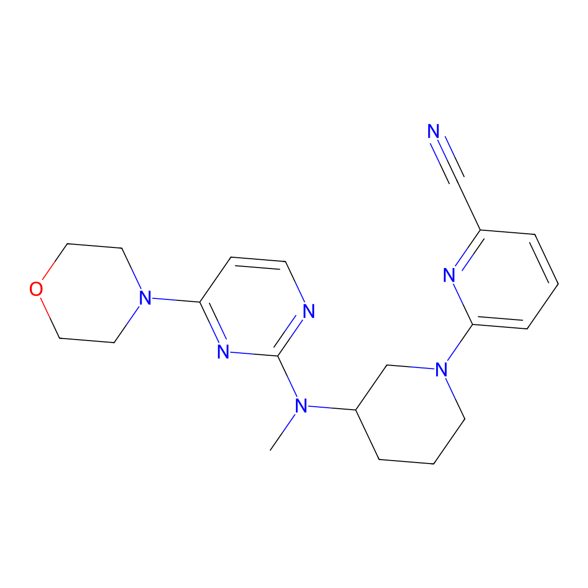 6-(3-{Methyl[4-(morpholin-4-yl)pyrimidin-2-yl]amino}piperidin-1-yl)pyridine-2-carbonitrile molecular structure, CAS 3054581-78-8