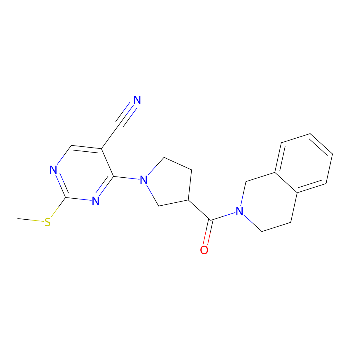 2-(Methylsulfanyl)-4-[3-(1,2,3,4-tetrahydroisoquinoline-2-carbonyl)pyrrolidin-1-yl]pyrimidine-5-carbonitrile molecular structure, CAS 3054581-79-9