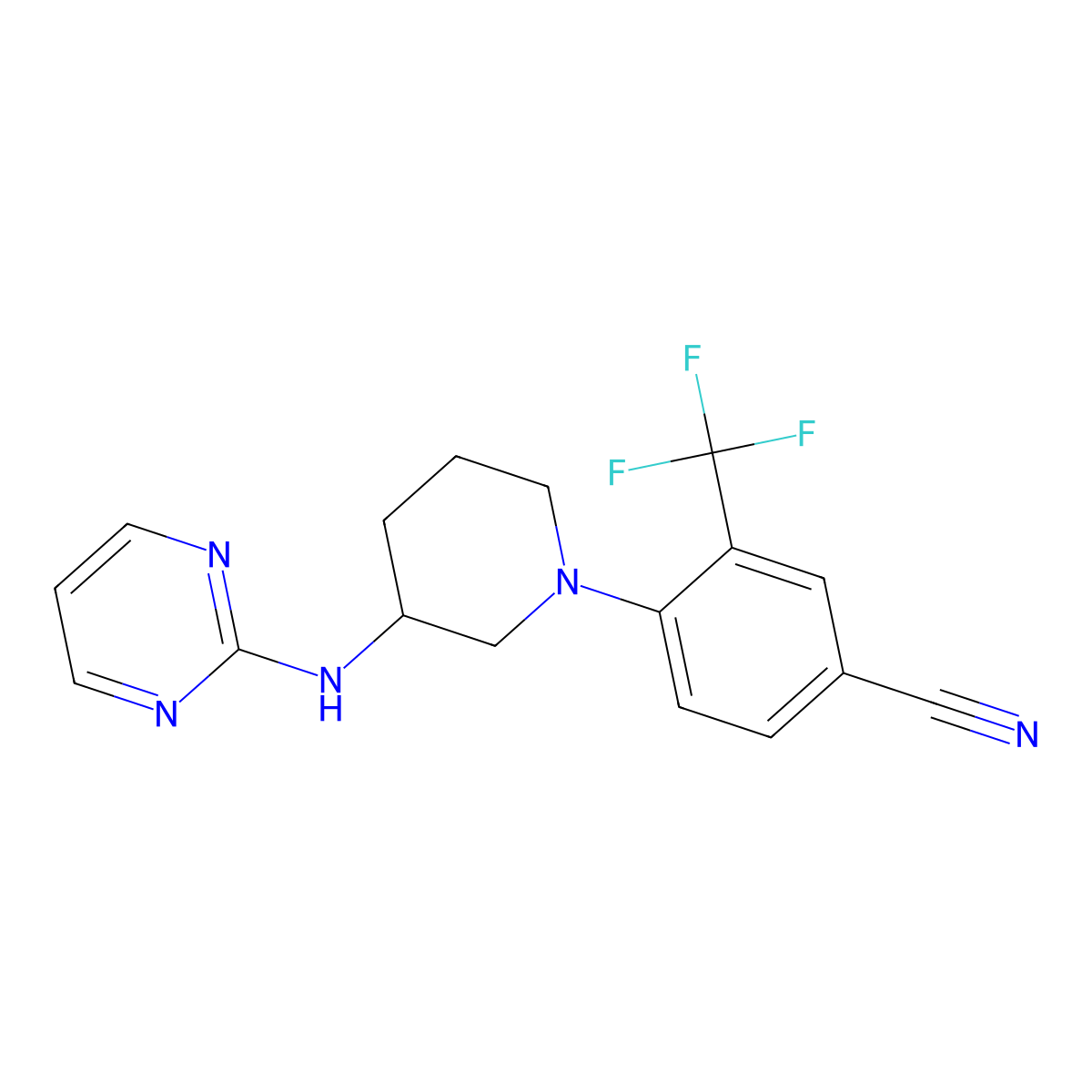 4-{3-[(Pyrimidin-2-yl)amino]piperidin-1-yl}-3-(trifluoromethyl)benzonitrile molecular structure, CAS 3054581-91-5