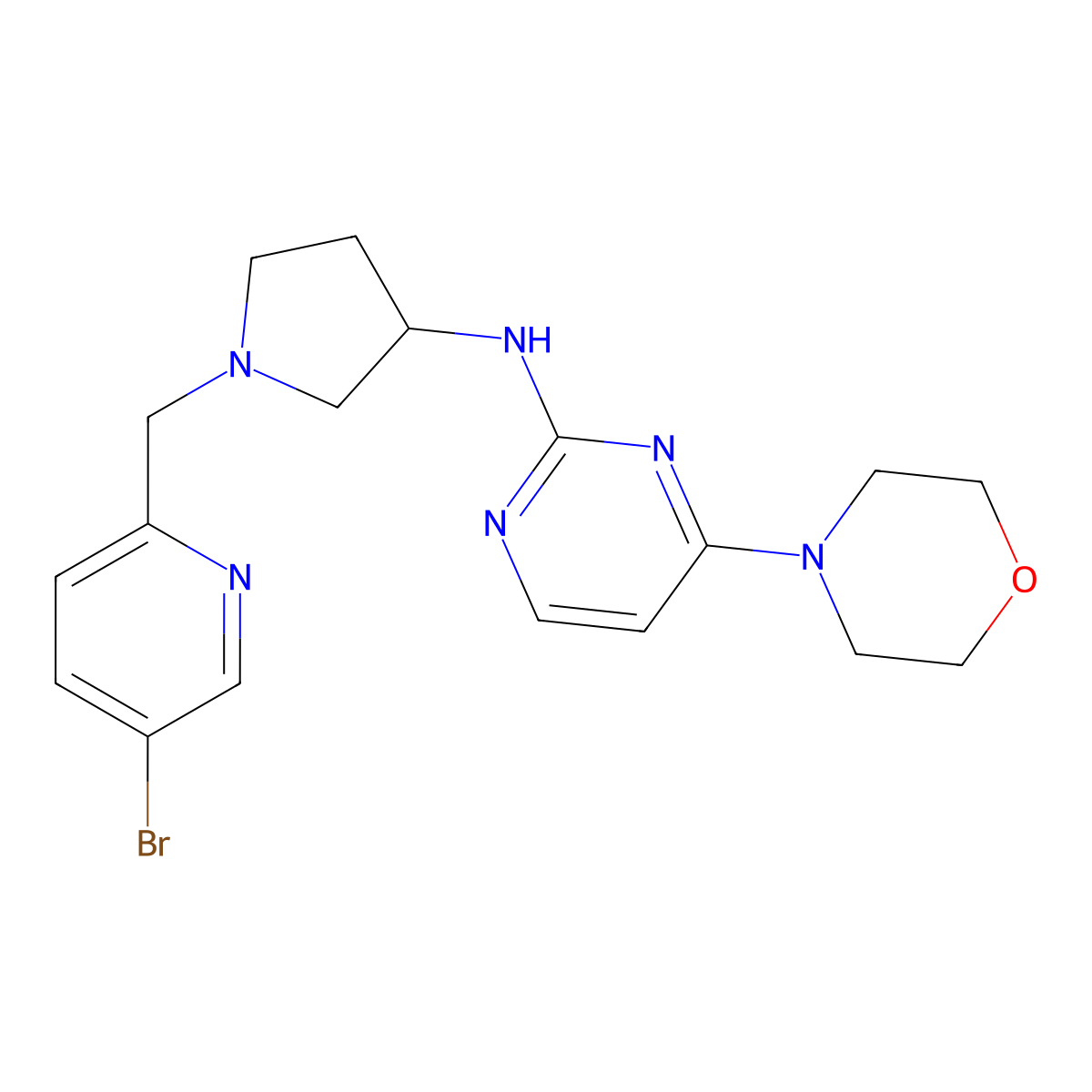 N-{1-[(5-bromopyridin-2-yl)methyl]pyrrolidin-3-yl}-4-(morpholin-4-yl)pyrimidin-2-amine molecular structure, CAS 3054581-95-9