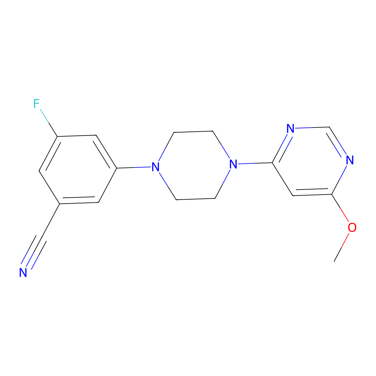3-Fluoro-5-[4-(6-methoxypyrimidin-4-yl)piperazin-1-yl]benzonitrile molecular structure, CAS 3054582-00-9