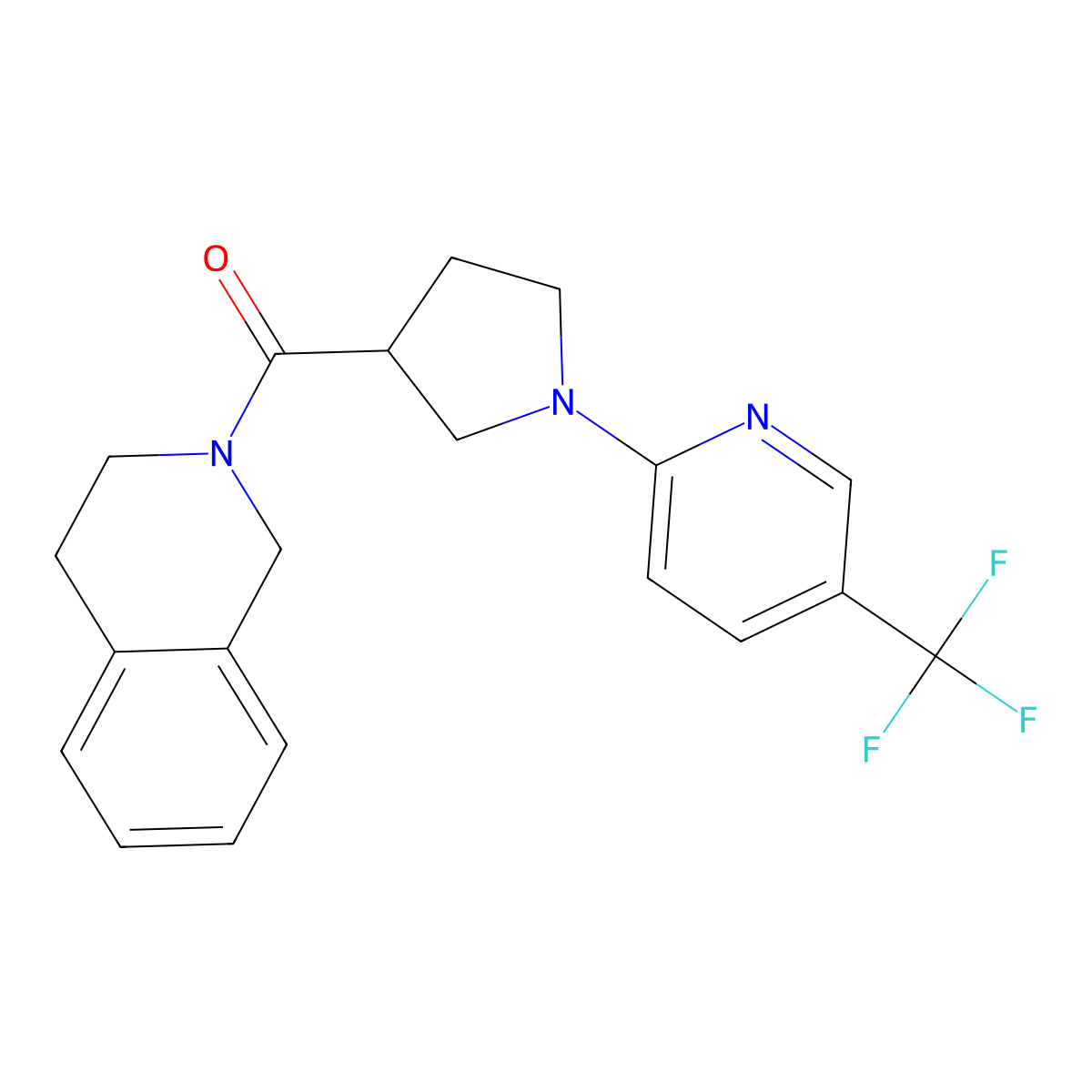 2-{1-[5-(Trifluoromethyl)pyridin-2-yl]pyrrolidine-3-carbonyl}-1,2,3,4-tetrahydroisoquinoline molecular structure, CAS 3054582-01-0