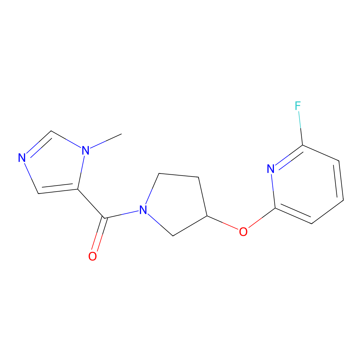 2-fluoro-6-{[1-(1-methyl-1H-imidazole-5-carbonyl)pyrrolidin-3-yl]oxy}pyridine molecular structure, CAS 3054582-12-3