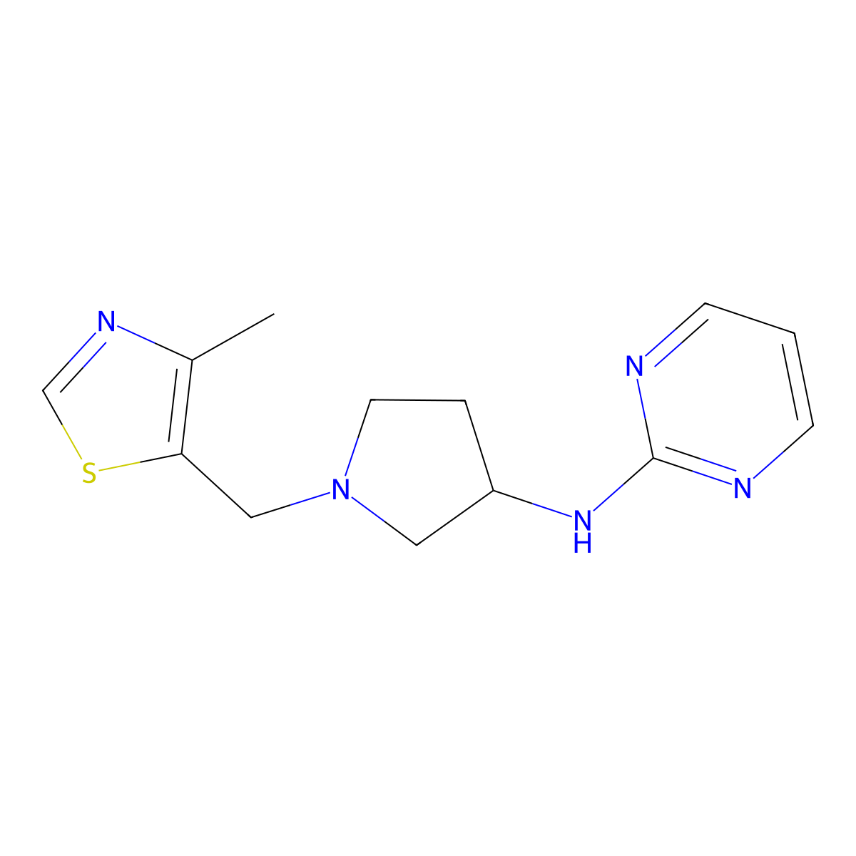N-{1-[(4-methyl-1,3-thiazol-5-yl)methyl]pyrrolidin-3-yl}pyrimidin-2-amine molecular structure, CAS 3054582-14-5