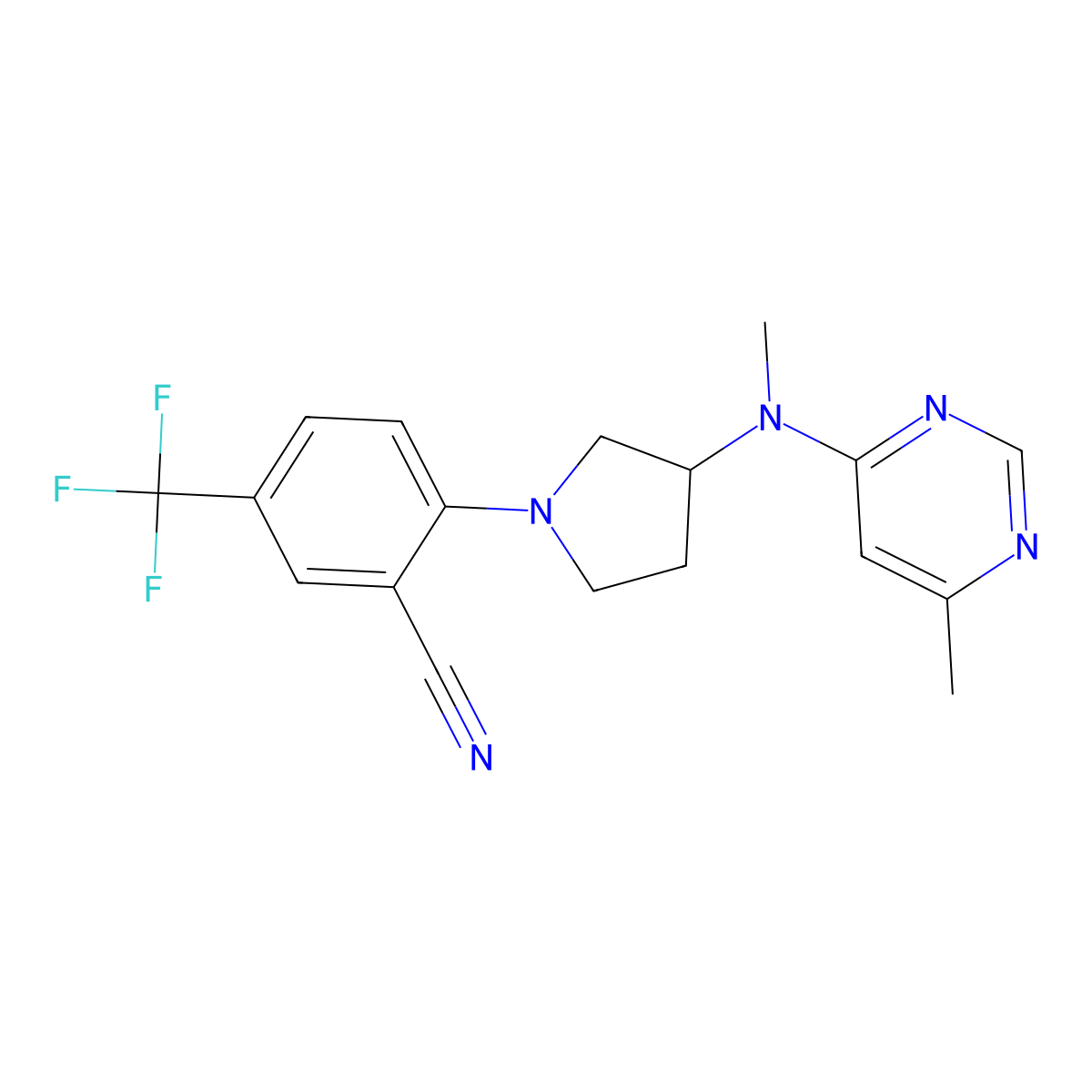 2-{3-[Methyl(6-methylpyrimidin-4-yl)amino]pyrrolidin-1-yl}-5-(trifluoromethyl)benzonitrile molecular structure, CAS 3054582-20-3