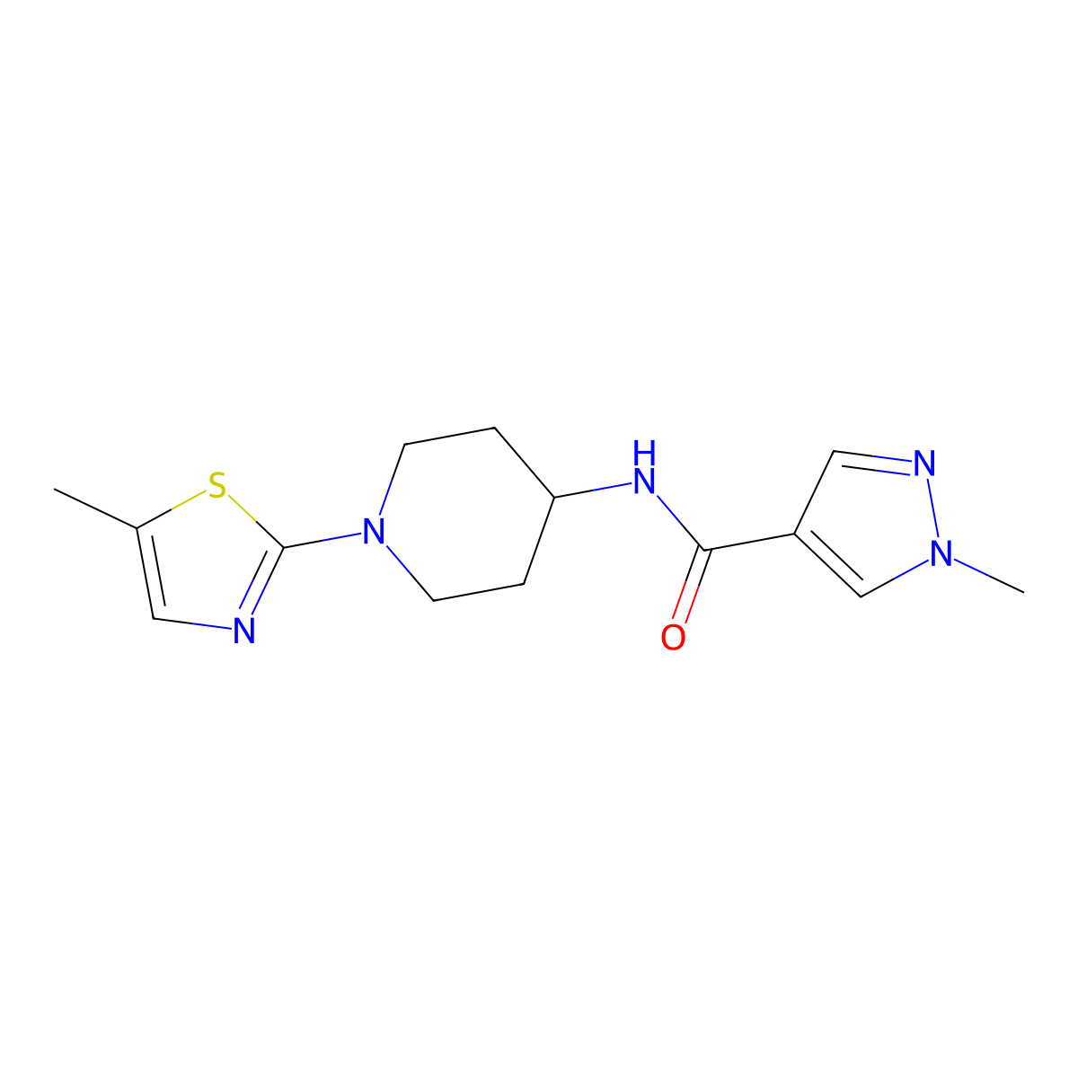 1-methyl-N-[1-(5-methyl-1,3-thiazol-2-yl)piperidin-4-yl]-1H-pyrazole-4-carboxamide molecular structure, CAS 3054582-23-6