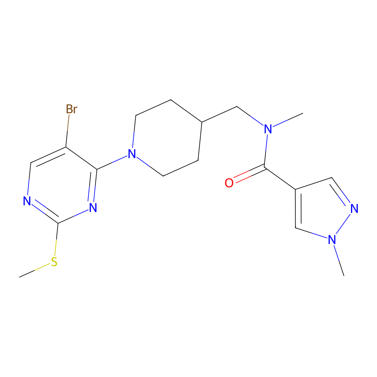 N-({1-[5-bromo-2-(methylsulfanyl)pyrimidin-4-yl]piperidin-4-yl}methyl)-N,1-dimethyl-1H-pyrazole-4-carboxamide molecular structure, CAS 3054582-25-8