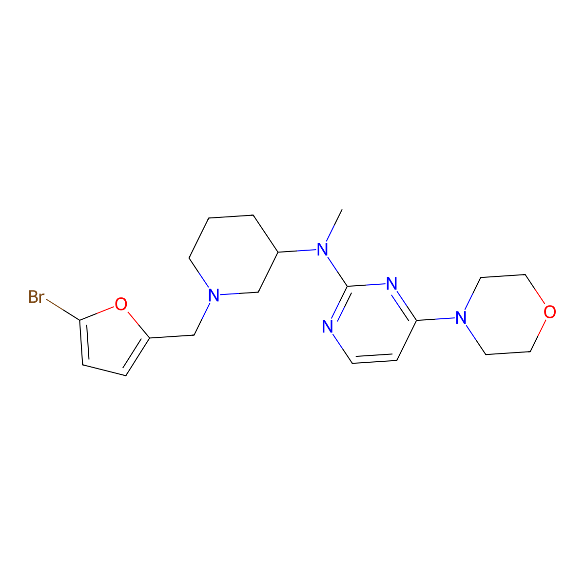 N-{1-[(5-bromofuran-2-yl)methyl]piperidin-3-yl}-N-methyl-4-(morpholin-4-yl)pyrimidin-2-amine molecular structure, CAS 3054582-41-8