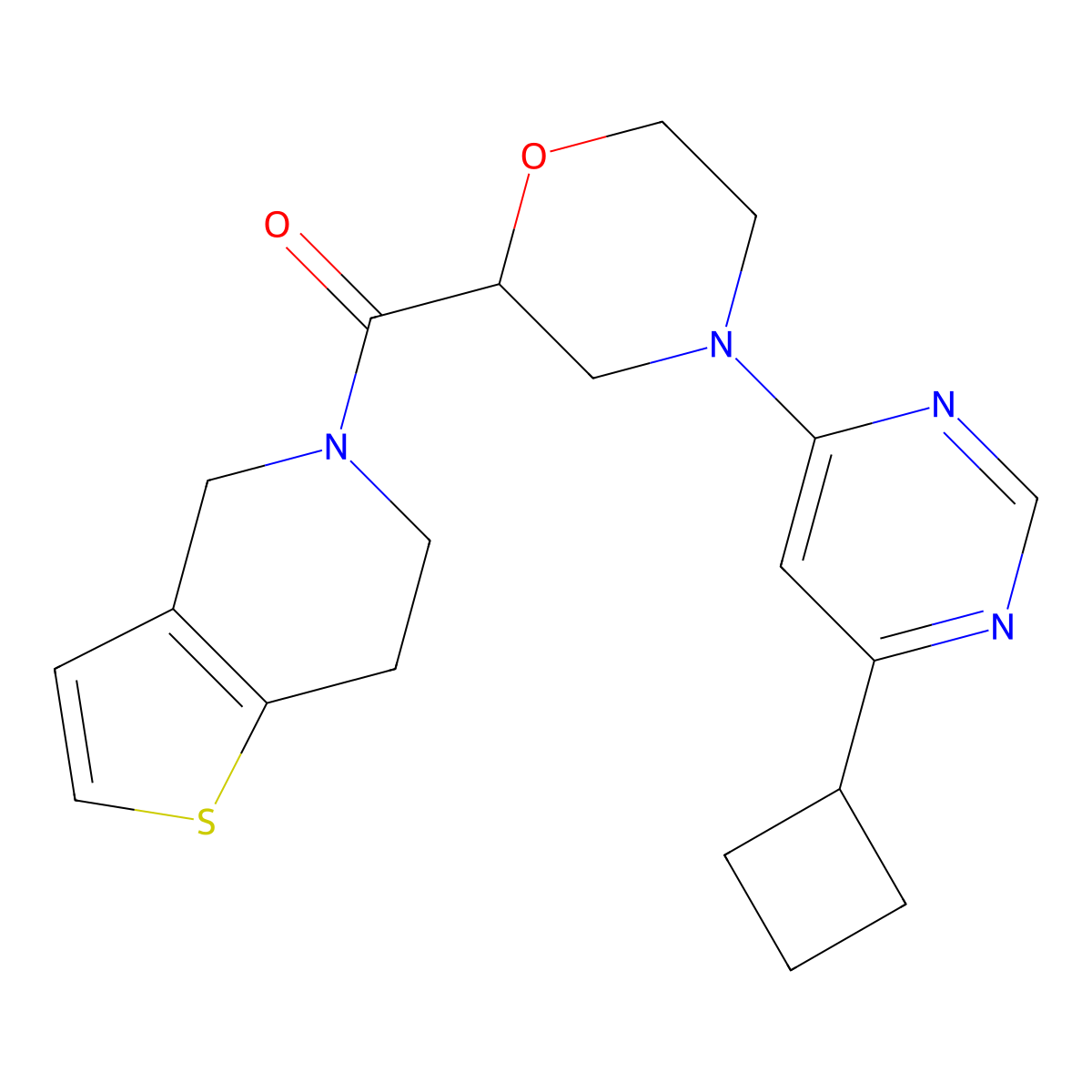 4-(6-cyclobutylpyrimidin-4-yl)-2-{4H,5H,6H,7H-thieno[3,2-c]pyridine-5-carbonyl}morpholine molecular structure, CAS 3054582-53-2