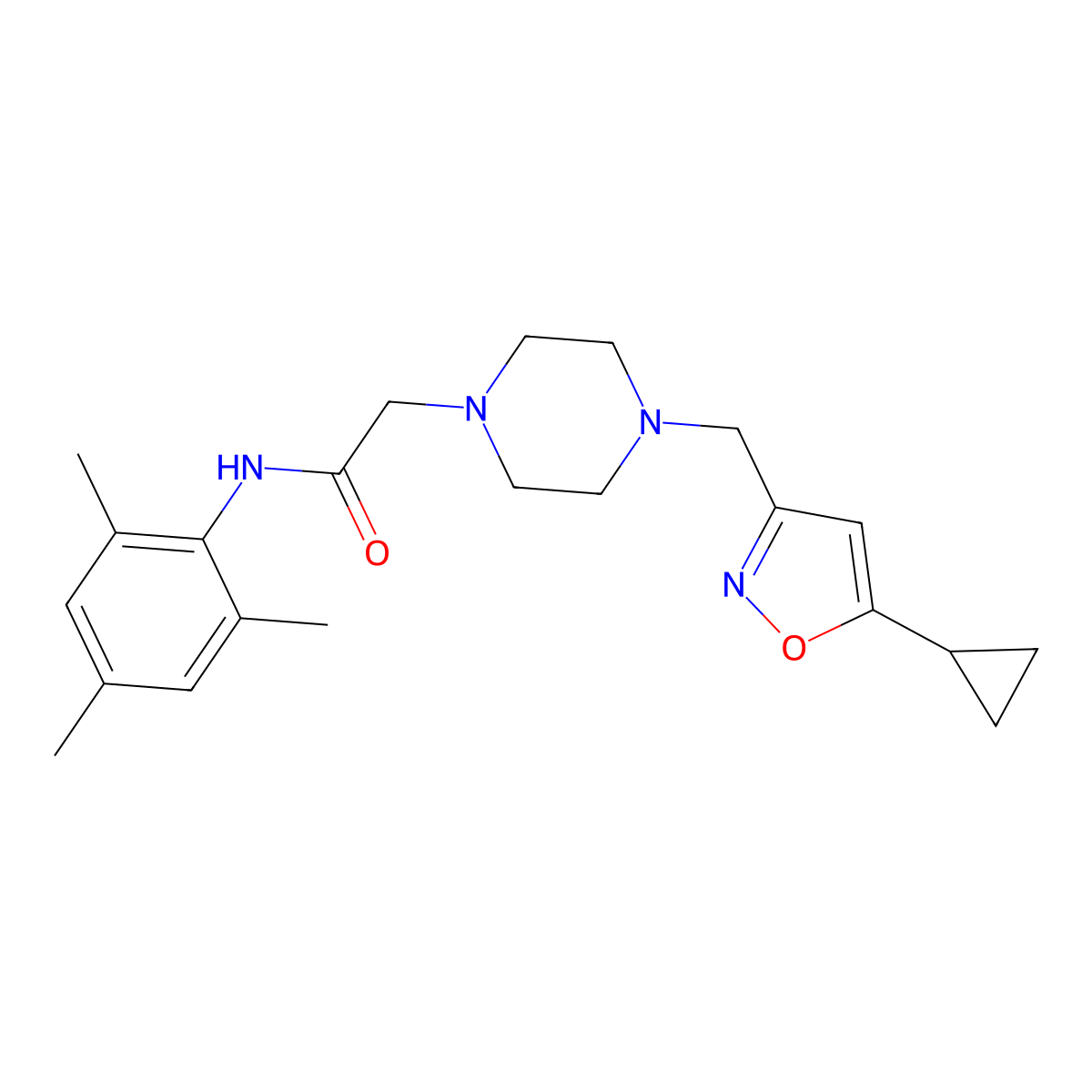 2-[4-[(5-cyclopropyl-1,2-oxazol-3-yl)methyl]piperazin-1-yl]-N-(2,4,6-trimethylphenyl)acetamide molecular structure, CAS 3054582-58-7