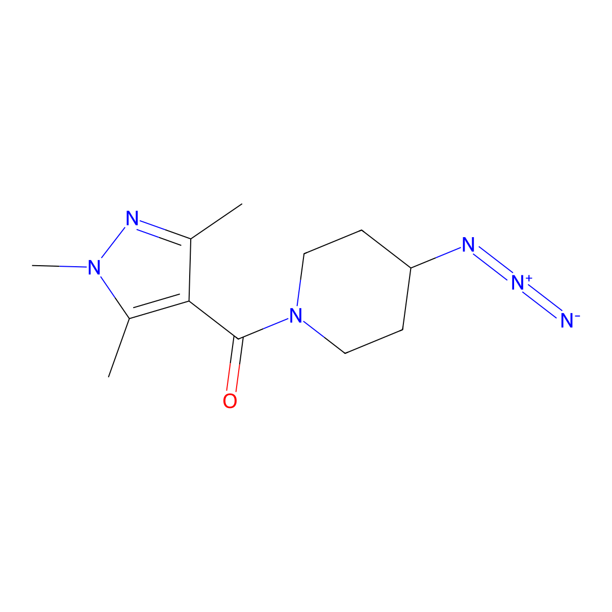 4-azido-1-(1,3,5-trimethyl-1H-pyrazole-4-carbonyl)piperidine molecular structure, CAS 3054582-59-8