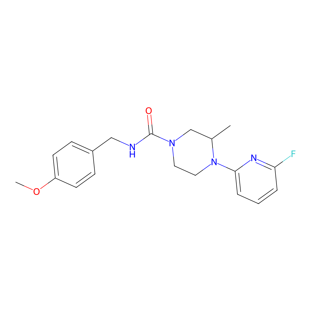 4-(6-fluoropyridin-2-yl)-N-[(4-methoxyphenyl)methyl]-3-methylpiperazine-1-carboxamide molecular structure, CAS 3054582-67-8