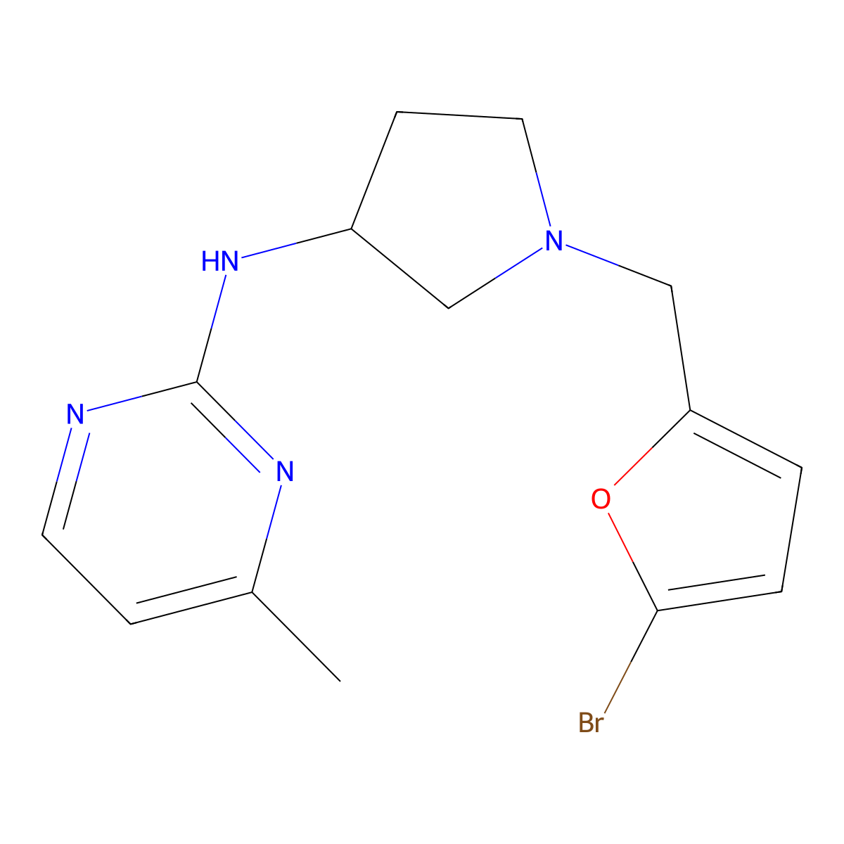 N-{1-[(5-bromofuran-2-yl)methyl]pyrrolidin-3-yl}-4-methylpyrimidin-2-amine molecular structure, CAS 3054582-68-9