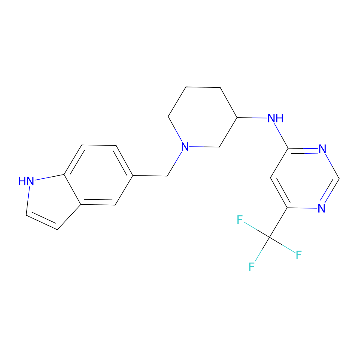 N-{1-[(1H-indol-5-yl)methyl]piperidin-3-yl}-6-(trifluoromethyl)pyrimidin-4-amine molecular structure, CAS 3054582-70-3