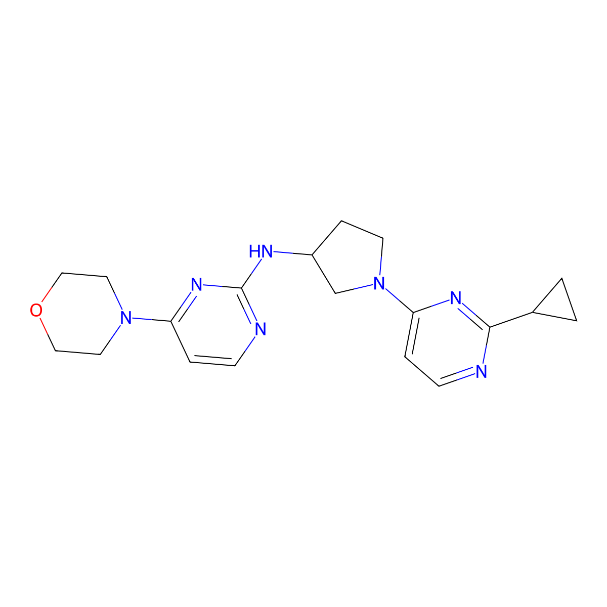 N-[1-(2-cyclopropylpyrimidin-4-yl)pyrrolidin-3-yl]-4-(morpholin-4-yl)pyrimidin-2-amine molecular structure, CAS 3054582-74-7