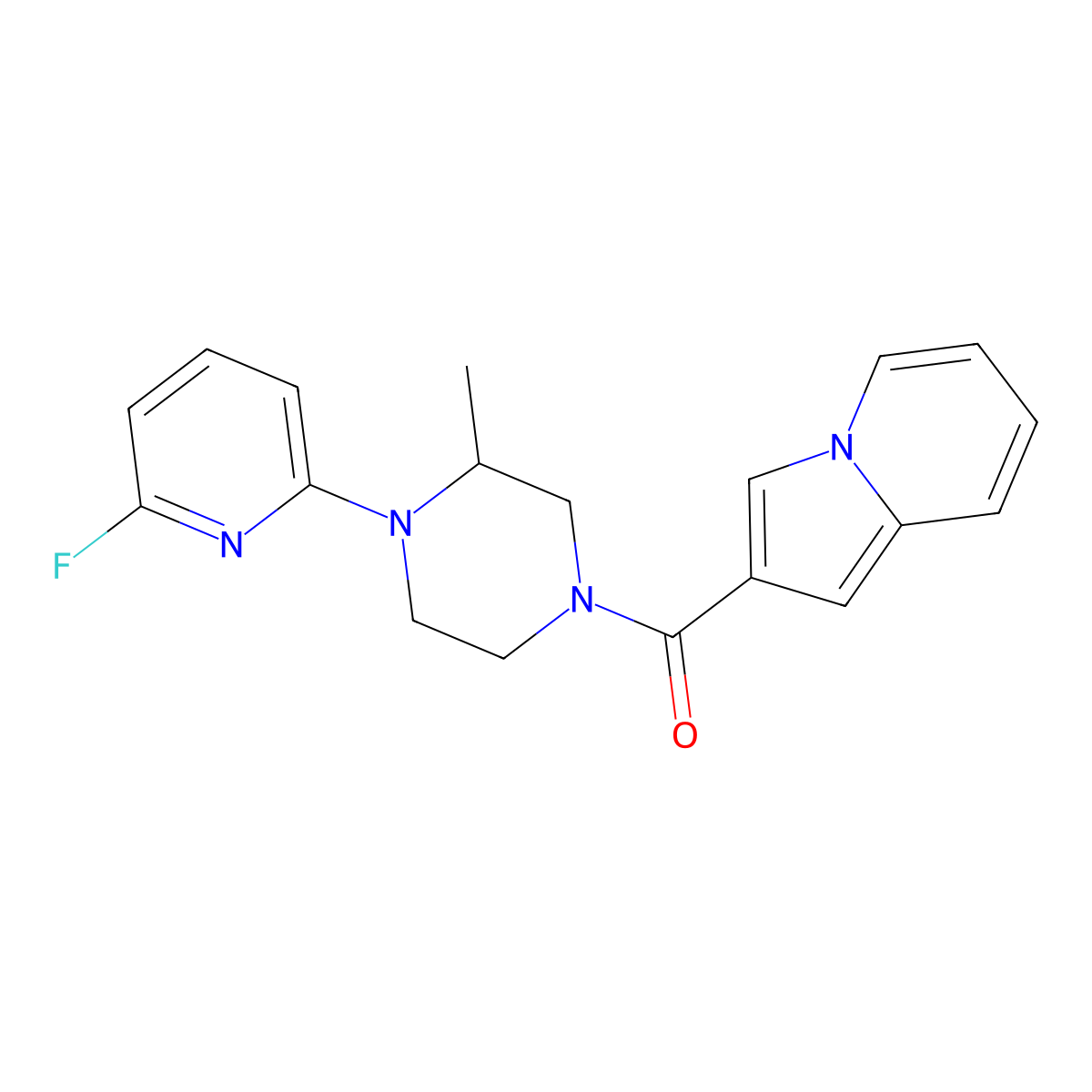 2-[4-(6-Fluoropyridin-2-yl)-3-methylpiperazine-1-carbonyl]indolizine molecular structure, CAS 3054582-81-6