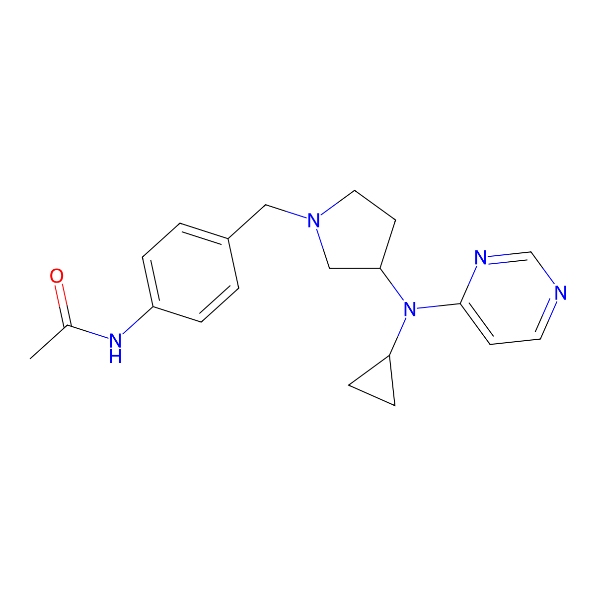 N-[4-({3-[cyclopropyl(pyrimidin-4-yl)amino]pyrrolidin-1-yl}methyl)phenyl]acetamide molecular structure, CAS 3054582-82-7
