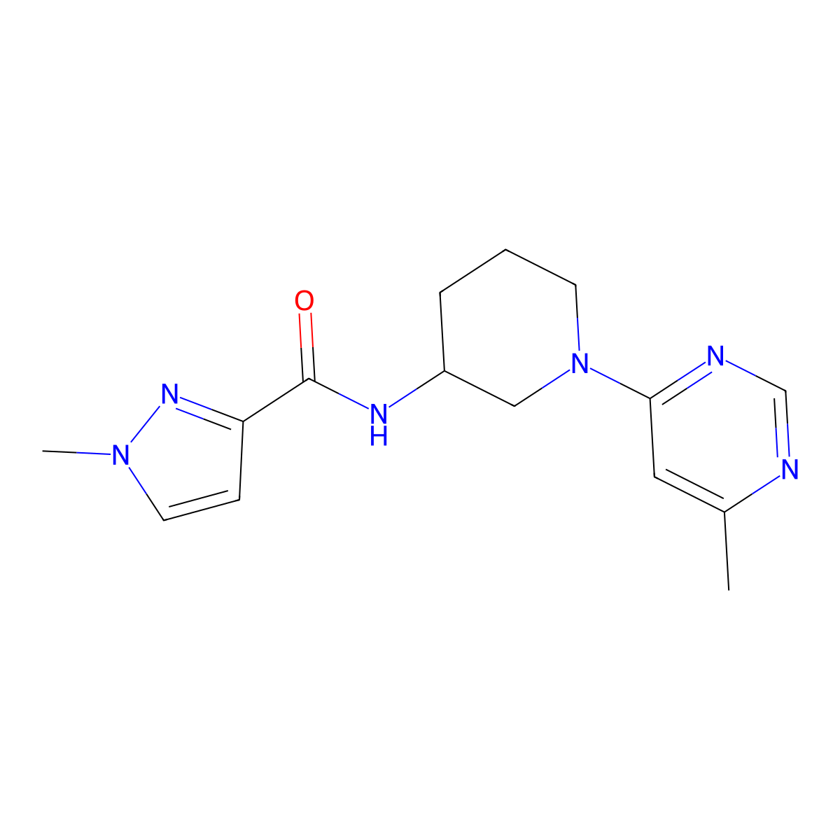 1-methyl-N-[1-(6-methylpyrimidin-4-yl)piperidin-3-yl]-1H-pyrazole-3-carboxamide molecular structure, CAS 3054582-83-8